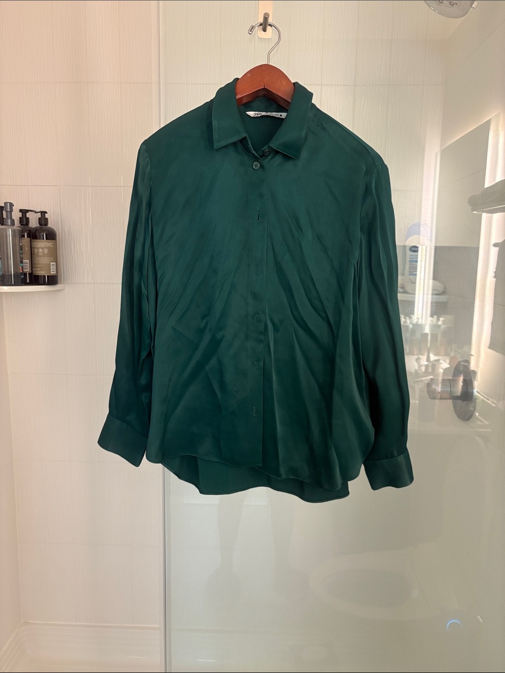 Zara Emerald Green Silk-Feel Button-Up Shirt